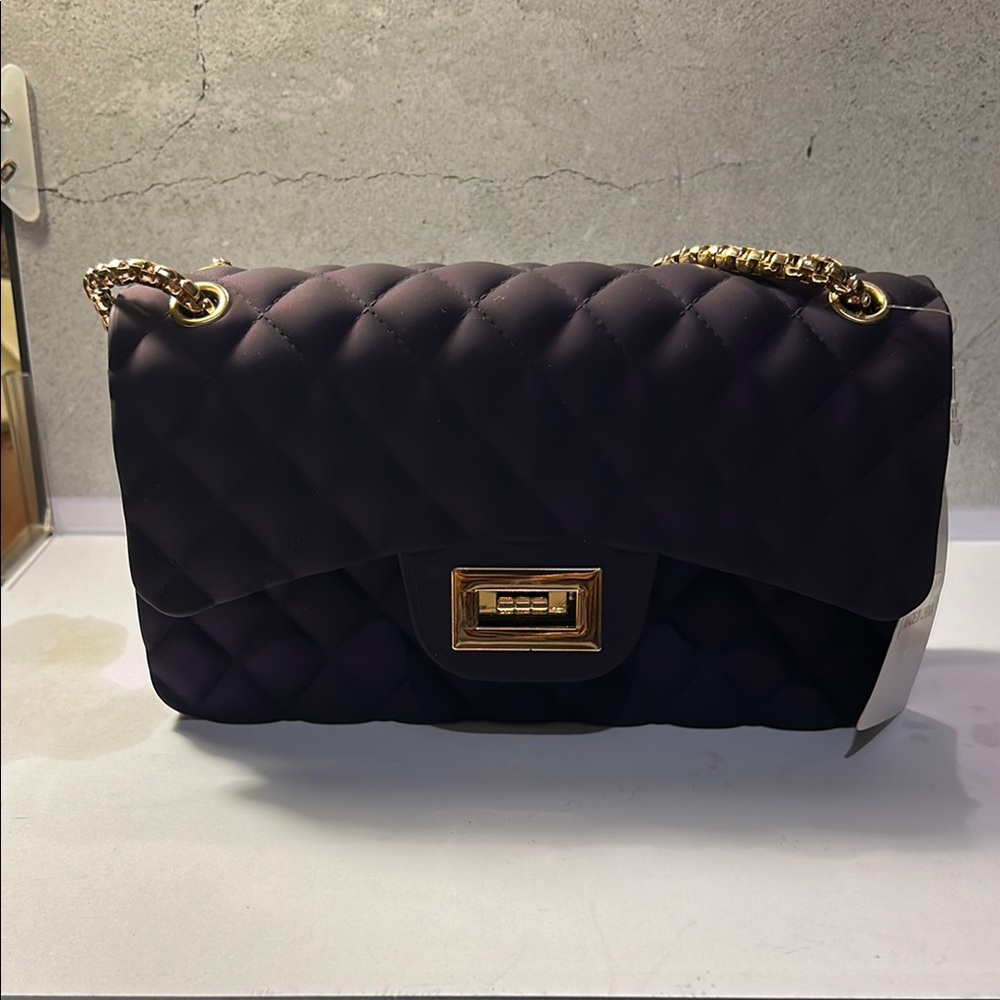Elegant Dark Purple and Gold Quilted Shoulder Jelly Crossbody Bag